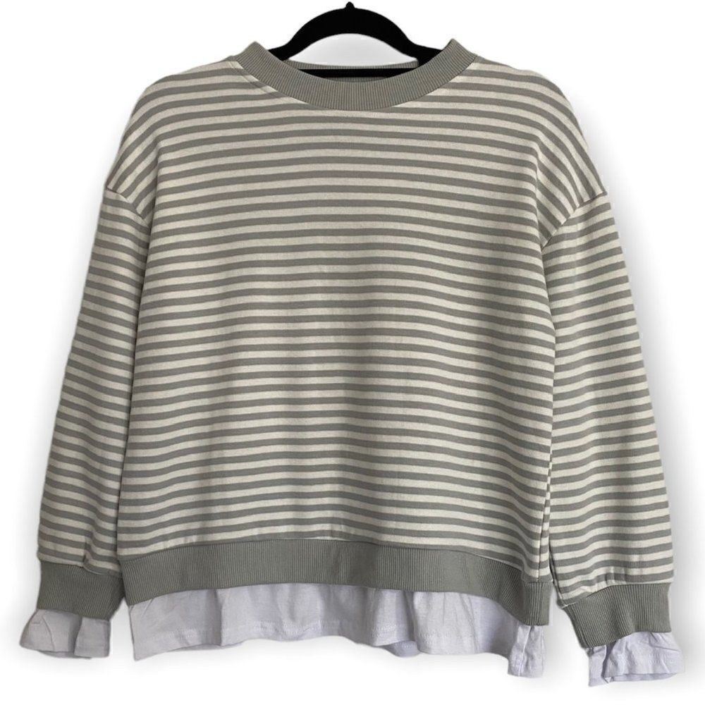 CALI BE Nordstrom Pullover Sweater Gray White Stripe Peekaboo Hem SZ XS NWT